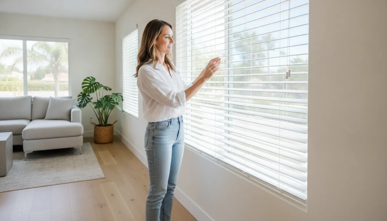 Property manager inspecting durable faux wood blinds in a Southern California rental living room