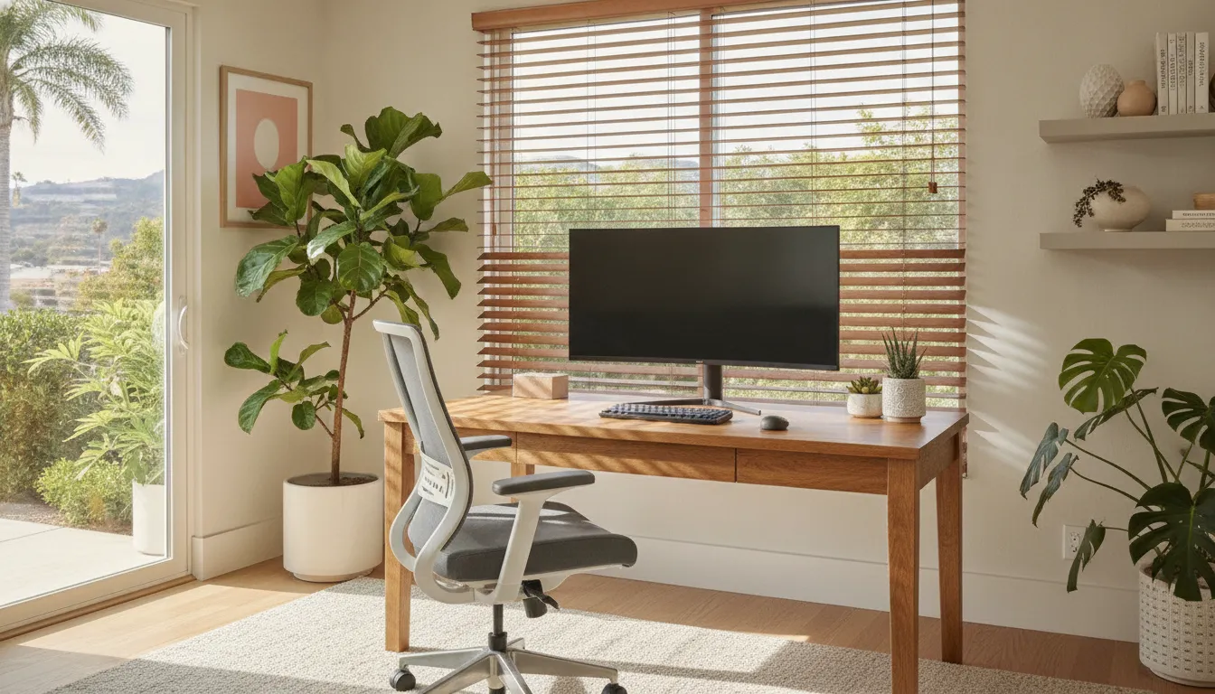 Cordless home office blinds with a clean streamlined look next to a desk with monitor and office supplies