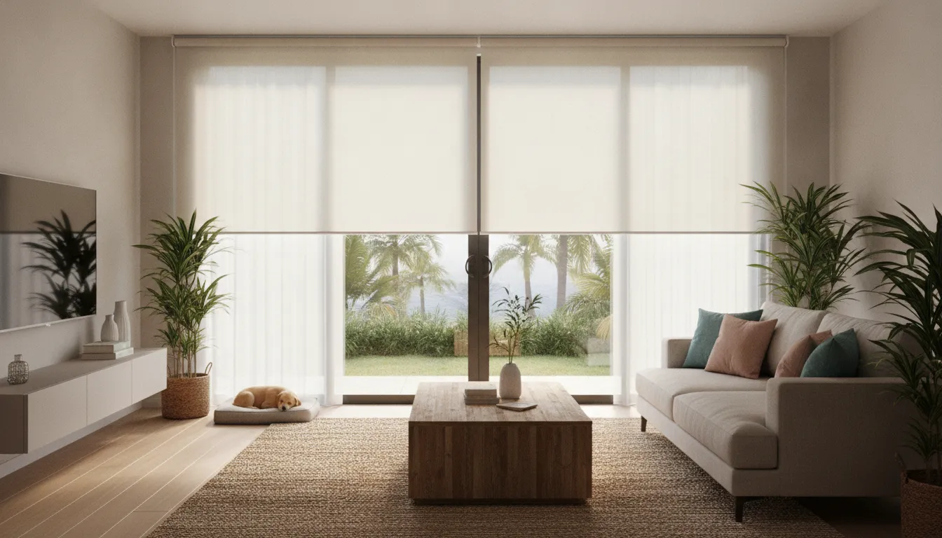 Family living room with motorized roller shades on sliding glass door providing safe cordless window covering