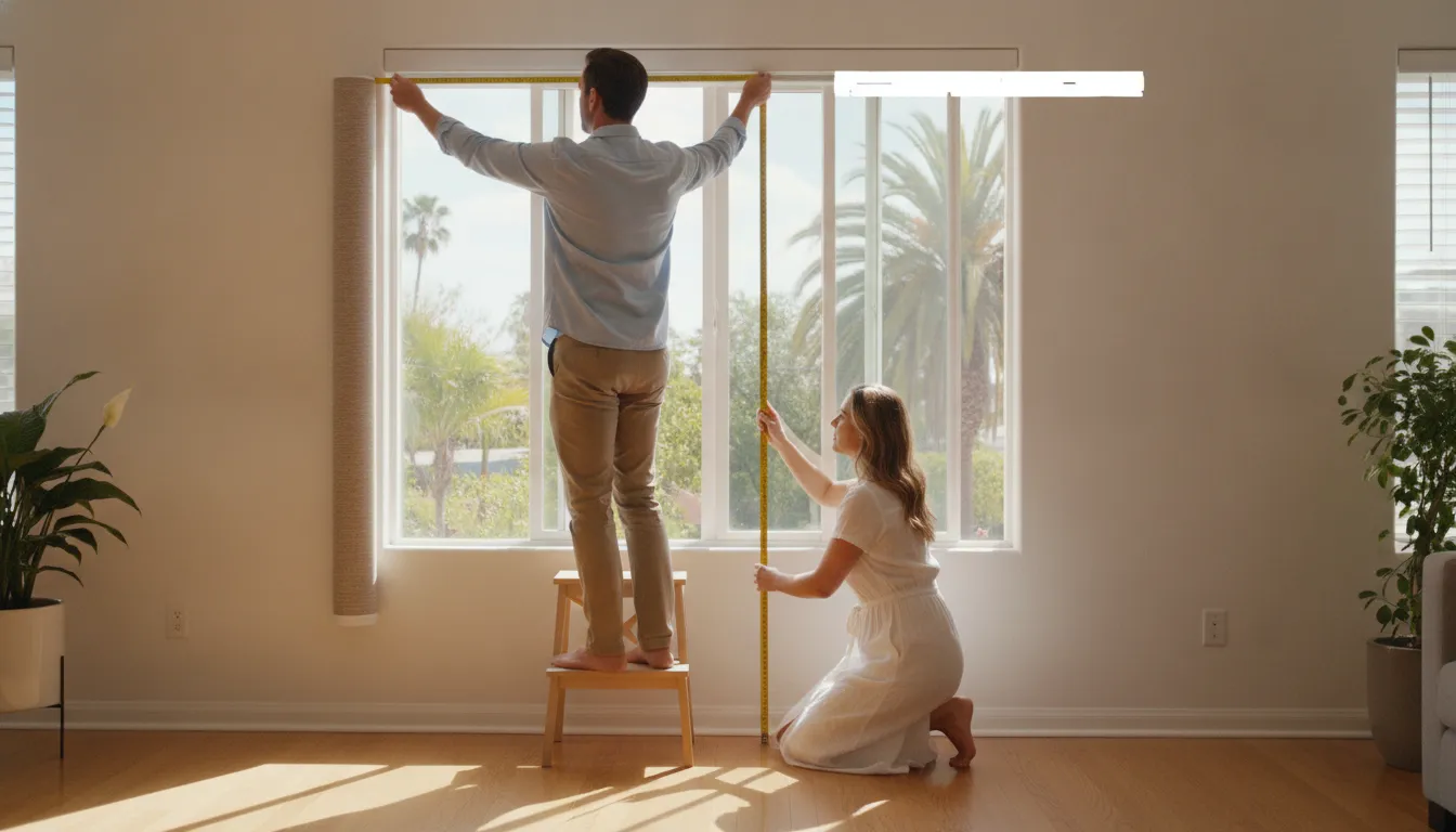Tape measure being used to measure window width for custom blinds in a bright home