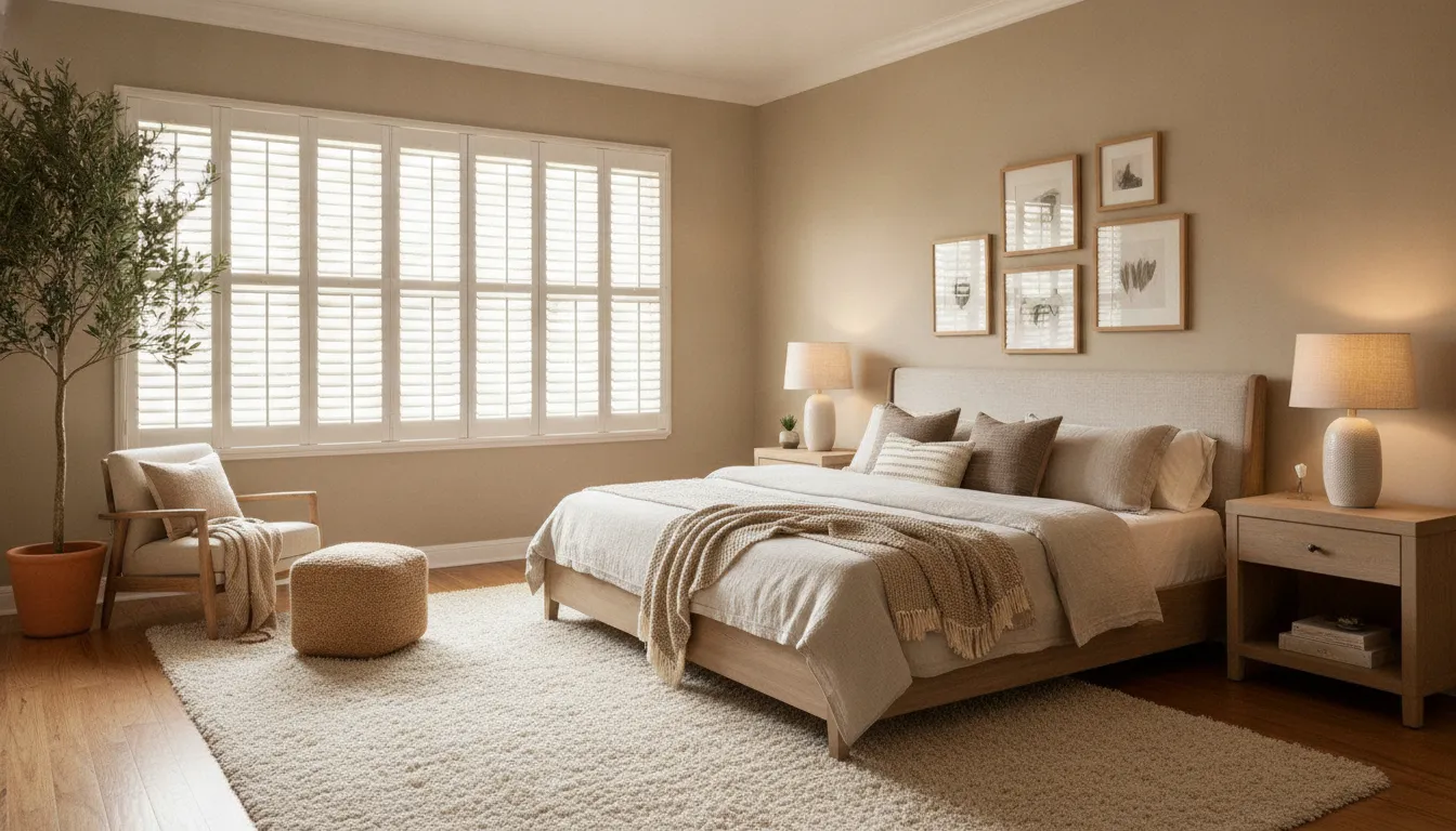 Interior plantation shutters providing light control in a bedroom