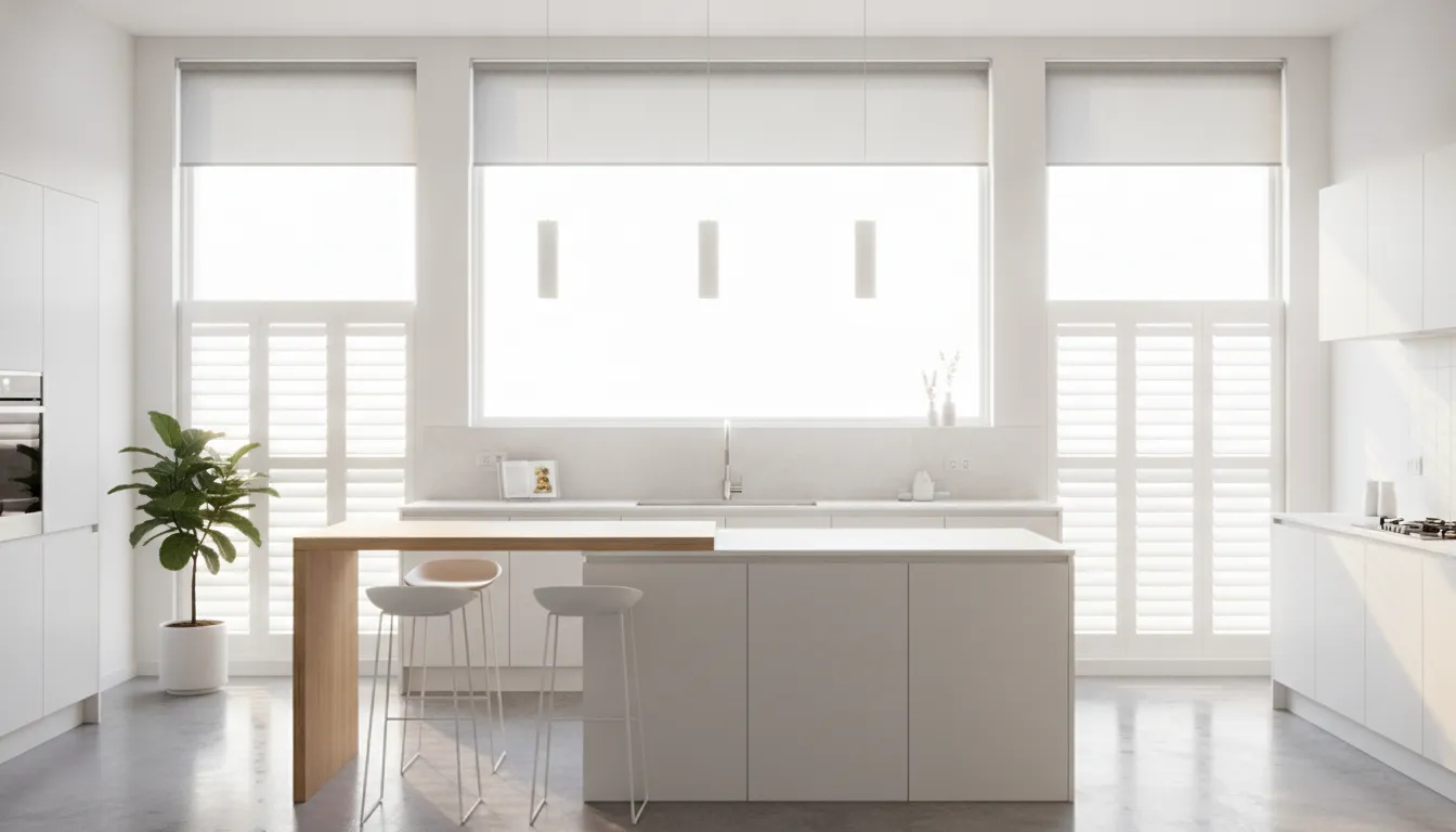 Faux wood blinds in a modern kitchen setting