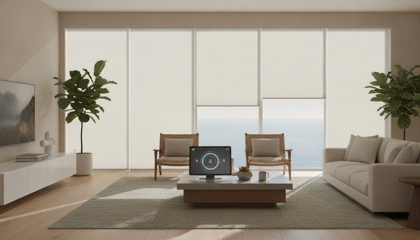 Modern Southern California living room with motorized cellular shades and smart home tablet control