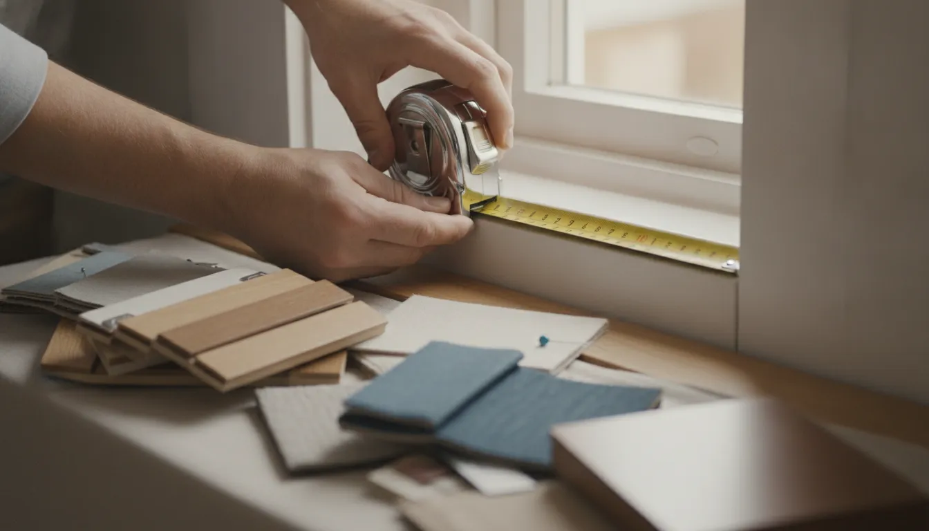 Professional using a tape measure to check window frame depth with fabric swatches on a nearby table