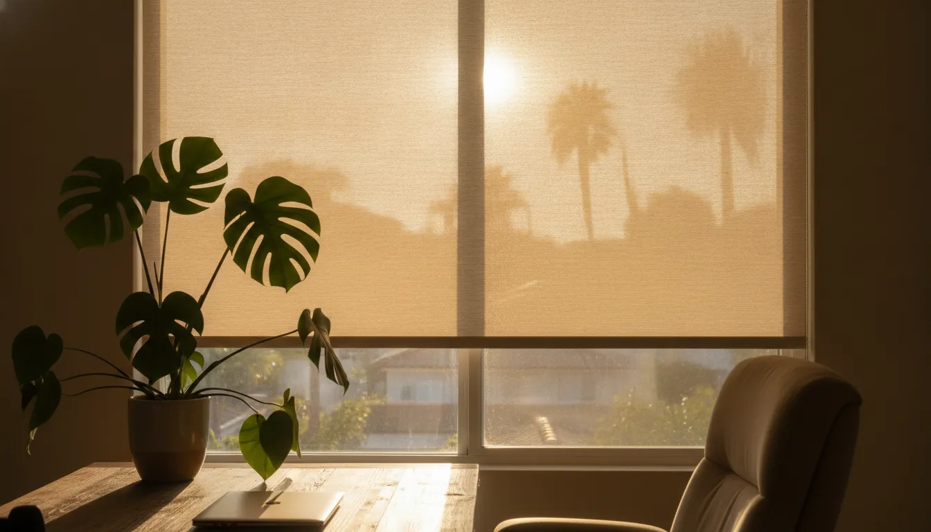 Solar shade lowered over a west-facing home office window in afternoon sun