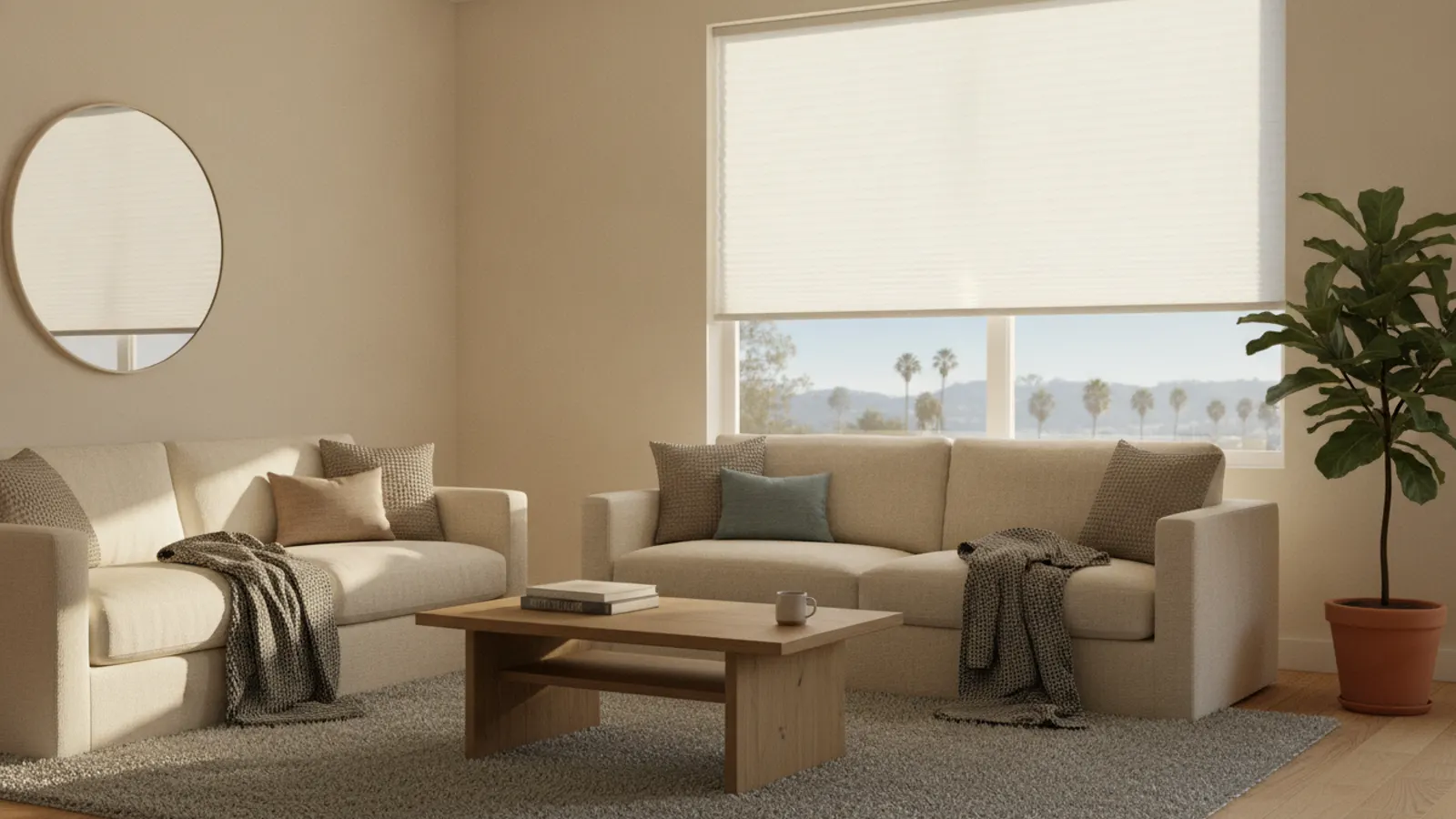 A custom-fit cellular shade helping insulate a living room window on a cool winter morning.