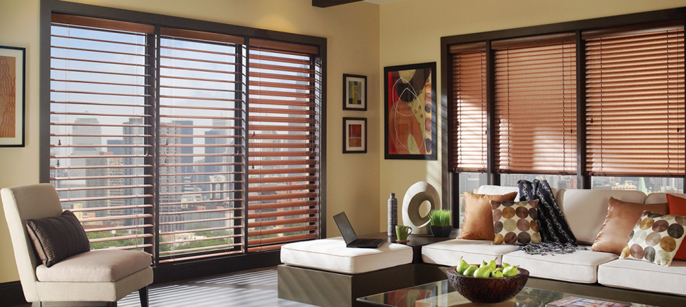Beautiful faux wood blinds in a Southern California living room