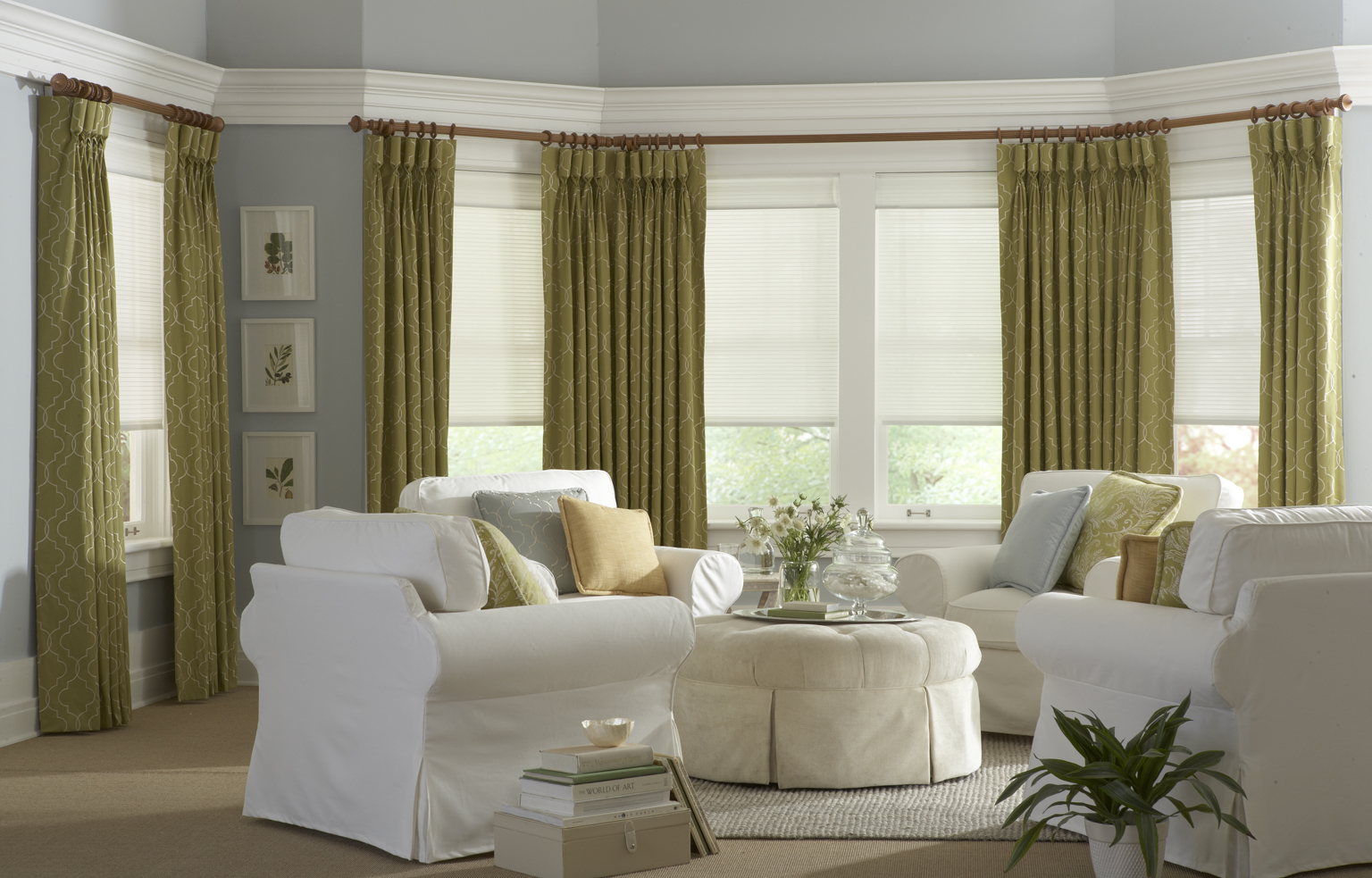 Green Draperies In Living Room | Vineyard Blinds