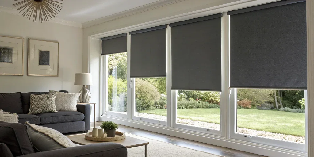 Dark blackout roller shades partially drawn over large windows in a modern living room.