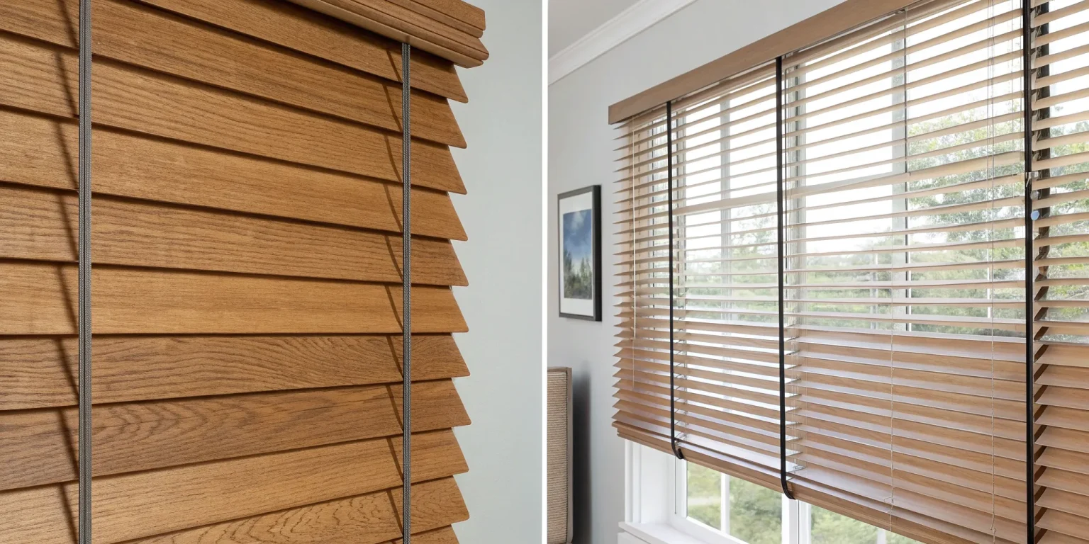 Real wood vs faux wood blinds compared side-by-side on a window.