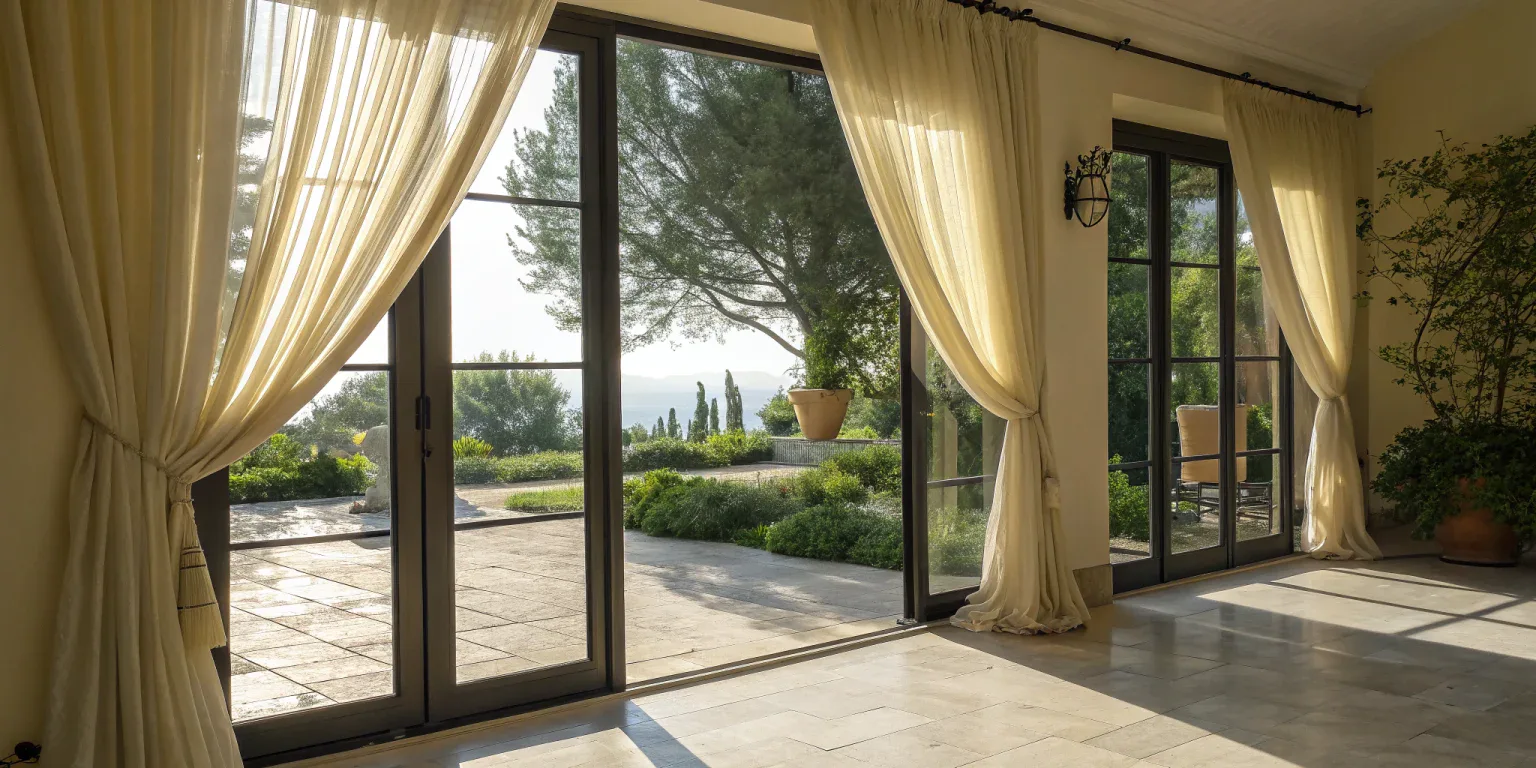 Sheer curtains as an elegant window treatment for large glass patio doors.